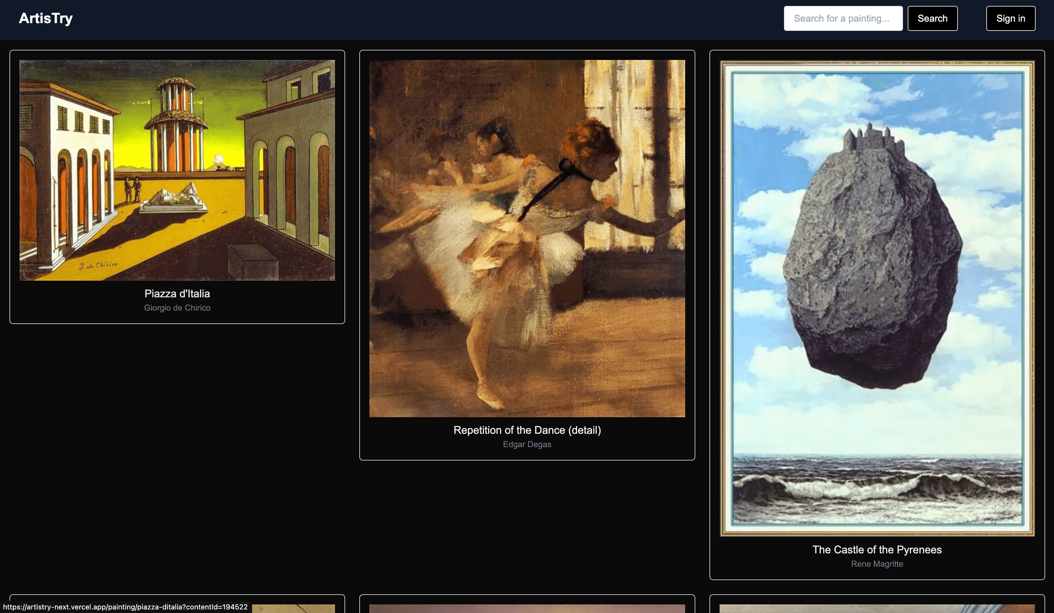 ArtisTry Project Screenshot - A web app for exploring classic artists and creating personal galleries